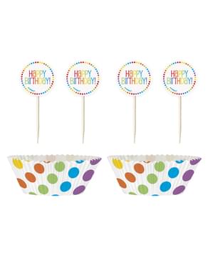 24 Capsule de cupcake + 24 toppers Happy Birthday curcubeu