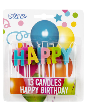 13 свещи на точки и звезди с надпис „Happy Birthday“