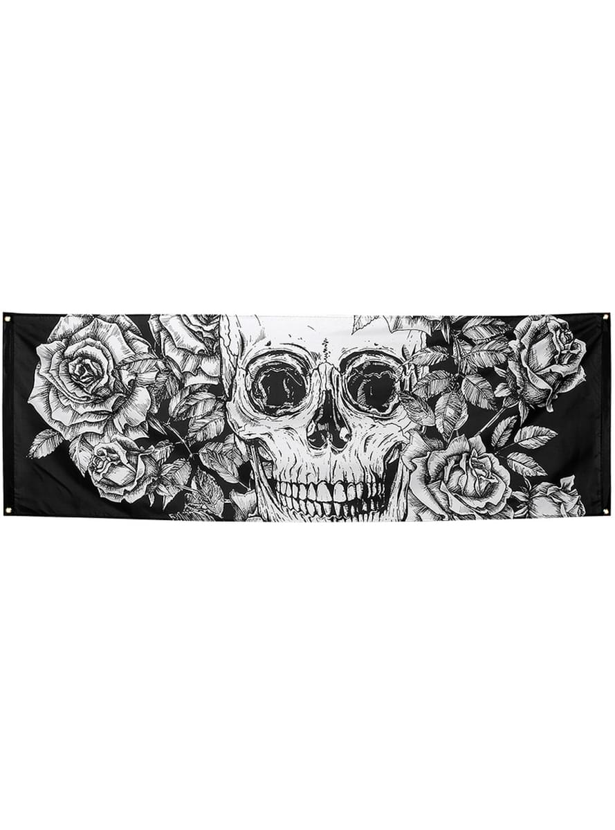 Banier van een skelet in het wit en zwart met bloemen