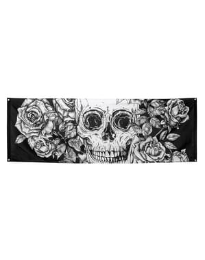 Flagga med skelett och blommor i svart och vitt