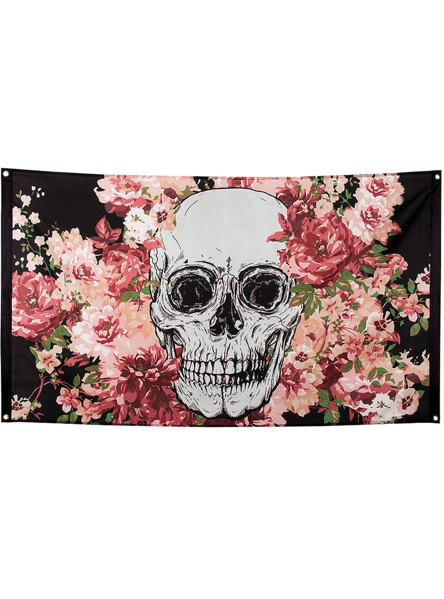 Bandeira de esqueleto com flores preta e cor-de-rosa