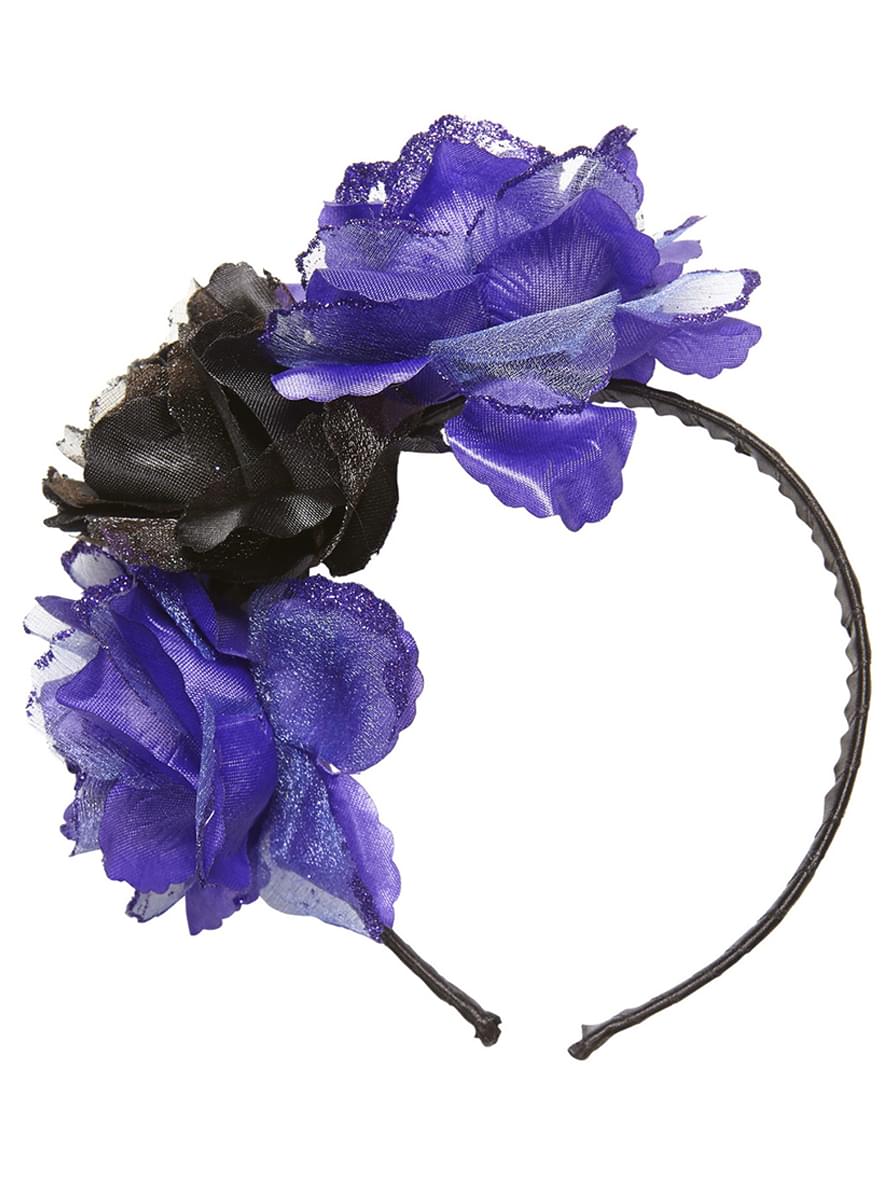 Diadema con flores moradas y negra para adulto. Entrega