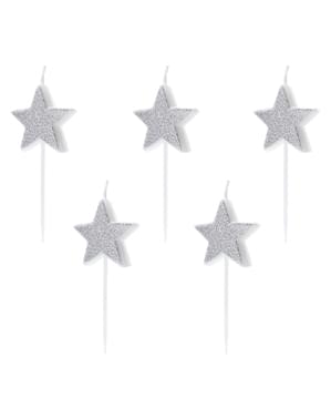 5 candele a forma di stelle con glitter argentate