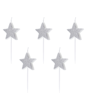 5 glitter star candles in silver
