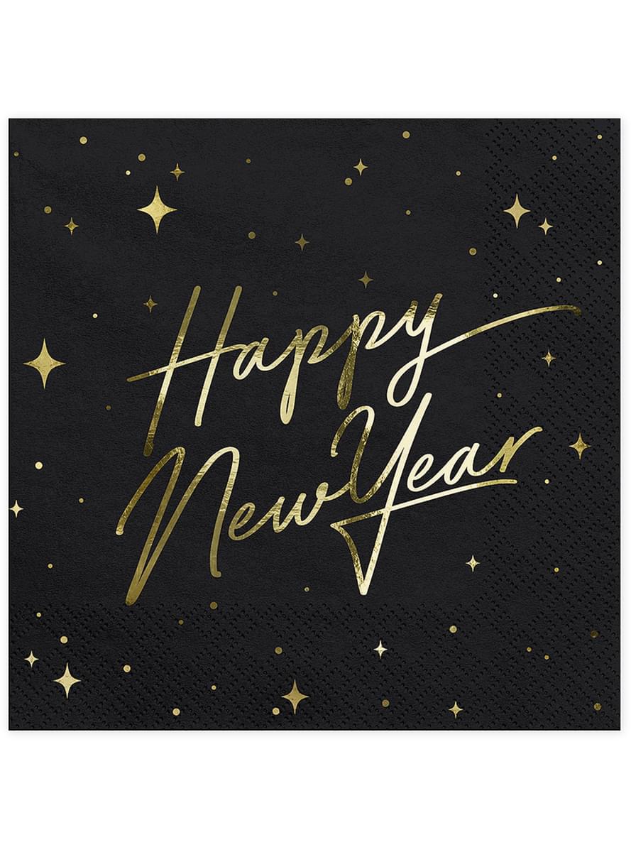 20 servítok Happy New Year v čiernej a zlatej farbe (33 x 33 cm) - New Year's Eve Collection