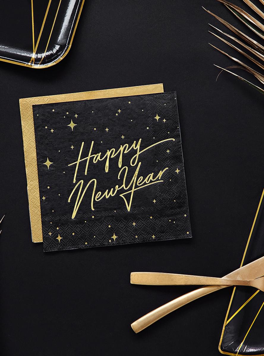 20 Happy New Year Napkins in black and gold (33 x 33 cm) - New Year's Eve Collection