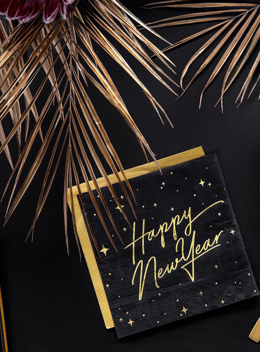 20 Happy New Year Napkins in black and gold (33 x 33 cm) - New Year's Eve Collection