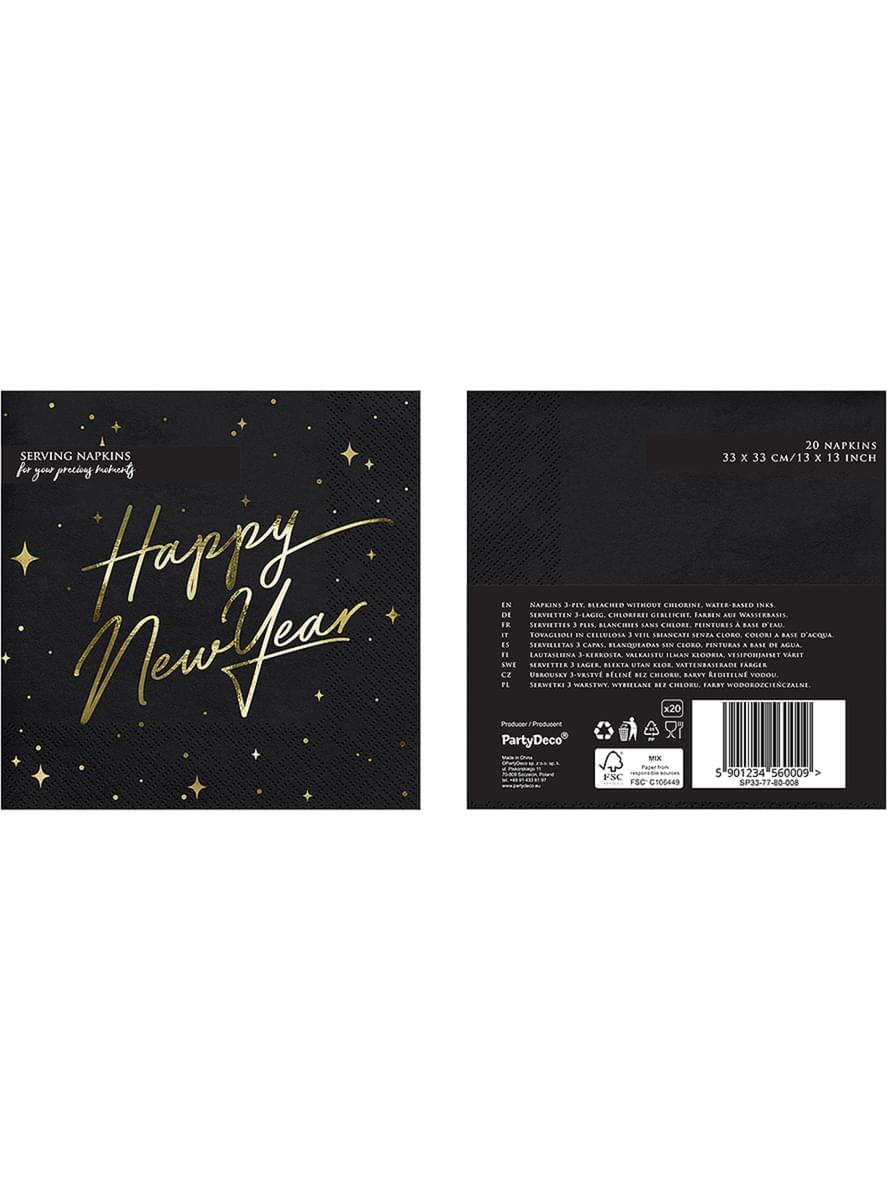 20 салфетки „Happy New Year“ в черно и златисто (33x33 cm) – New Year's Eve Collection