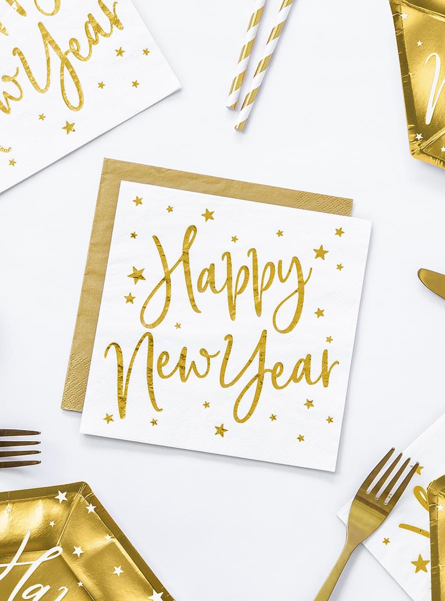 20 Happy New Year's Eve napkins (33 x 33 cm) in white and gold - Jolly New Year