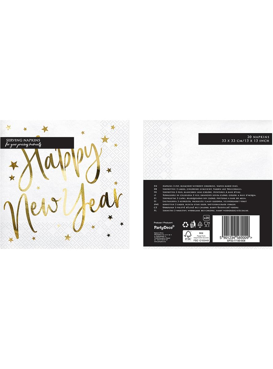 20 Happy New Year's Eve napkins (33 x 33 cm) in white and gold - Jolly New Year