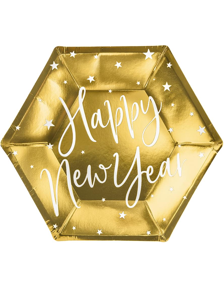 6 Hyvää uuttavuotta kultaista lautasta (20cm) - Jolly New Year