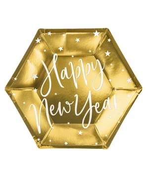 6 Happy New Year Silvester Pappteller gold (20 cm) - Jolly New Year