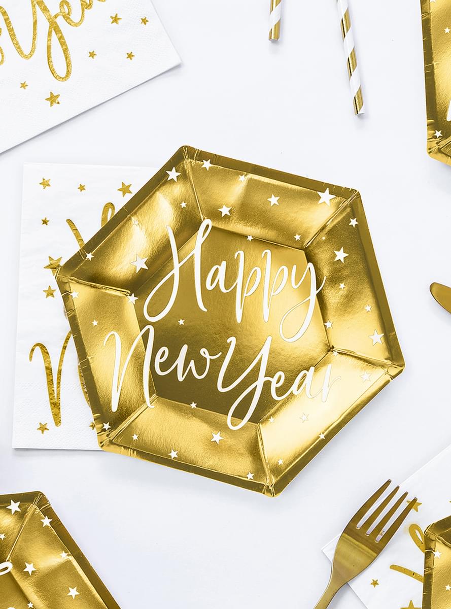 6 Hyvää uuttavuotta kultaista lautasta (20cm) - Jolly New Year