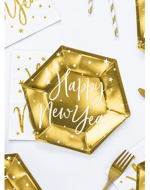 6 златисти новогодишни чинии „Happy New Year“ (20 cm) – Jolly New Year