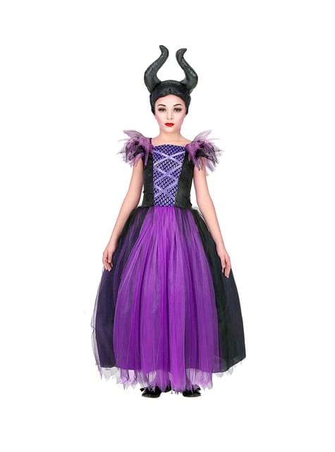 Maléfique Costume Enfants Filles Méchant Reine Habillée Costume Avec Coiffe  en corne Pour Halloween Carnaval Cosplay Anniversaire Party_s