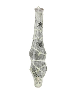 Hanging cobwebbed skeleton figure with light