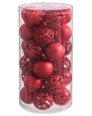 3 assorted red christmas baubles