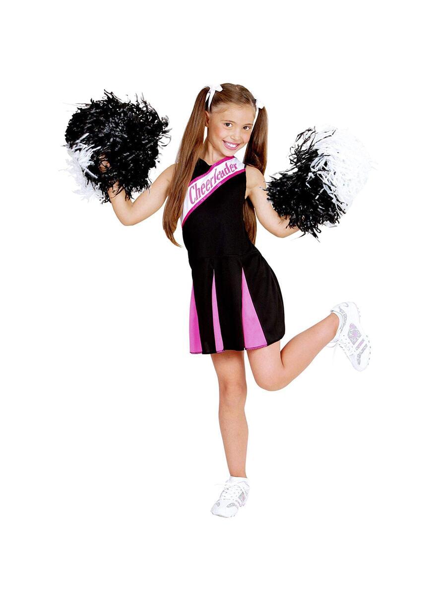 Amerikaanse cheerleader zwart en roze kostuum voor meisjes