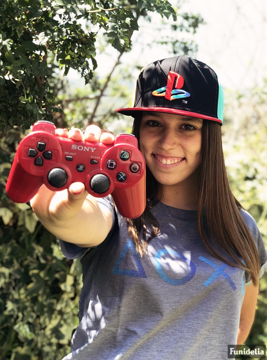 T-shirt de botões PlayStation cinzenta para mulher