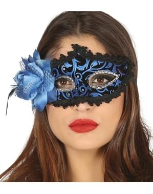 Máscara veneziana preta e azul com flor para mulher