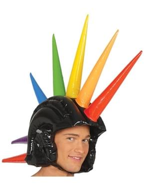 Helmet with multi-coloured inflatable spikes
