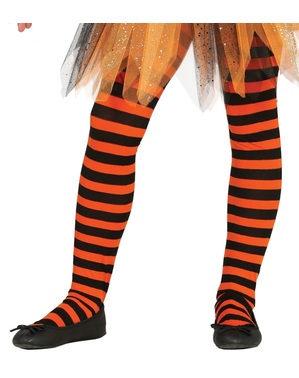Zwart en oranje gestreepte heksen panty voor meisjes