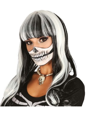 Glat sort og hvid skelet paryk til kvinder