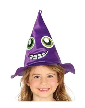 Cappello viola da strega con volto da bambina