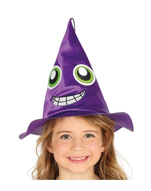 Sombrero de bruja morado con cara infantil