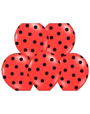 6 ballonger i korall med svart polka prikker (30 cm)