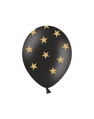 6 бр. Балони в черен цвят със златни звездички (30 см)