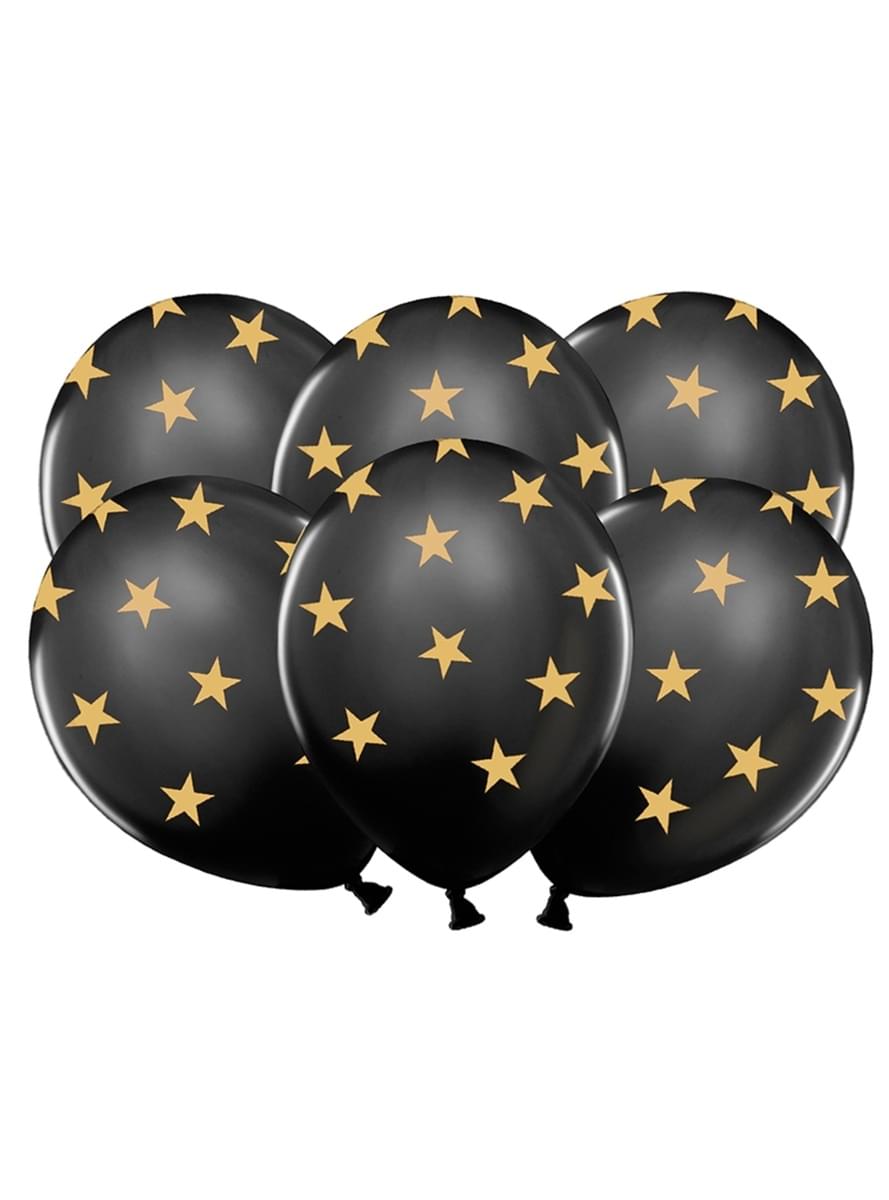 6 ballonnen in zwart met gouden sterren (30 cm)