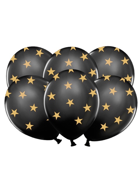6 balloons in black with gold stars (30 cm)