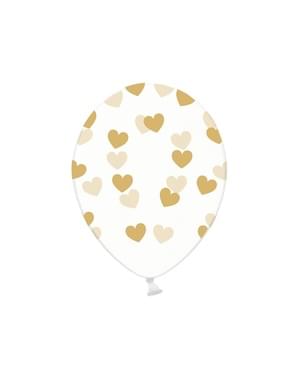 6 ballonger med guldfärgade hjärtan (30 cm)