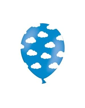 6 balloner halvklar blå med hvide skyer (30 cm)
