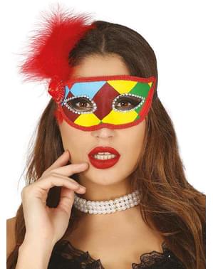 Máscara de arlequim multicolor com pluma vermelha para adulto