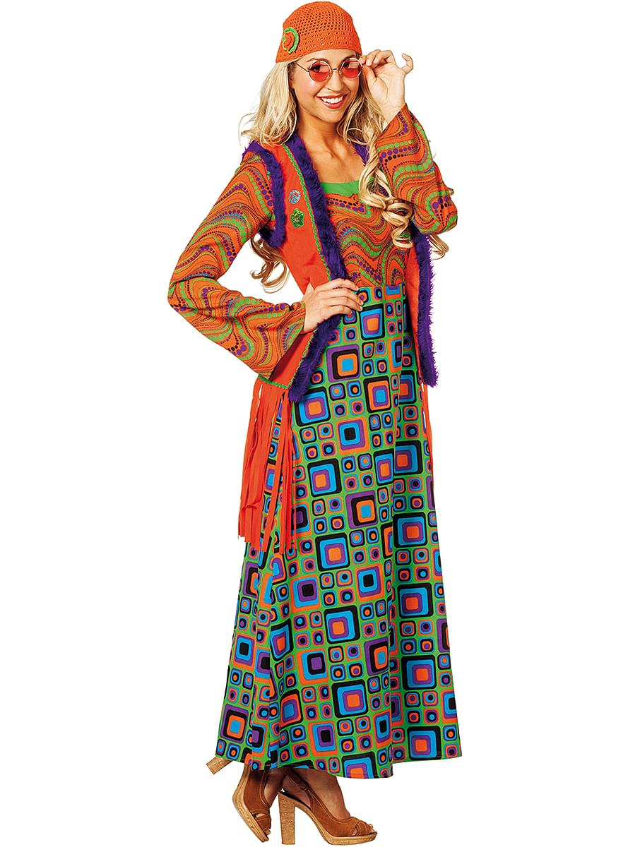 Oransje hippie kostyme til dame