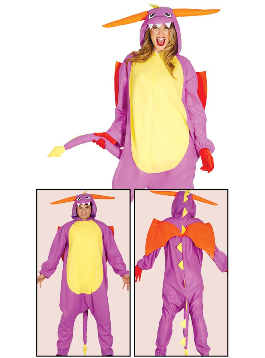Fato de dragão roxo onesie para adulto