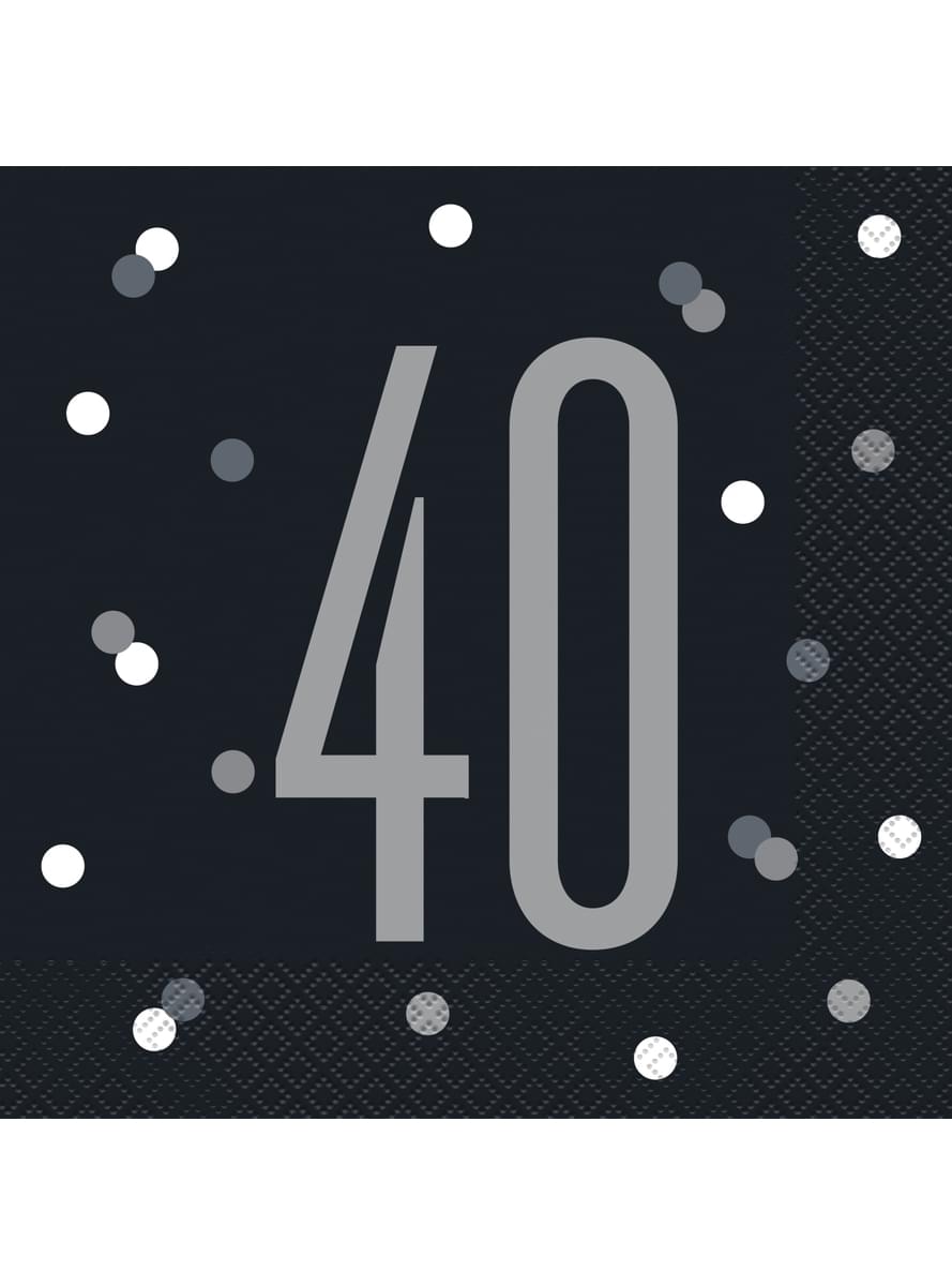 16 Black “40” Napkins (33x33 cm) - Black & Silver Glitz