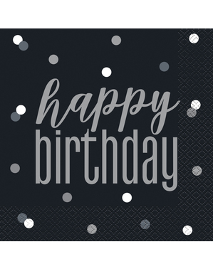 16 Black “Happy Birthday” Napkins (33x33 cm) - Black & Silver Glitz