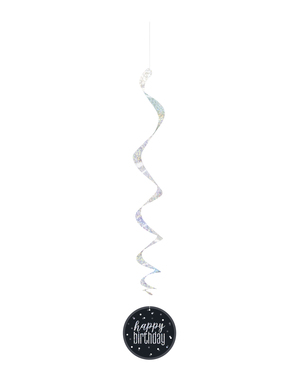 6 x “Happy Birthday” Hanging Spirals - Black & Silver Glitz