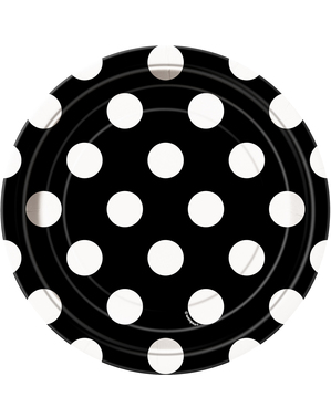 8 kleine Pappteller schwarz mit weißen Punkten (18 cm)