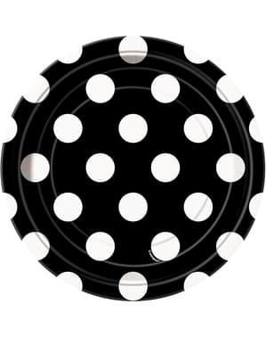 8 malých černých talířků s bílými puntíky (18 cm)