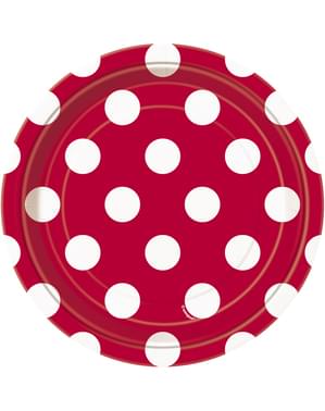 8 små røde tallerkner med hvide prikker (18 cm) - Basale Farver Linje