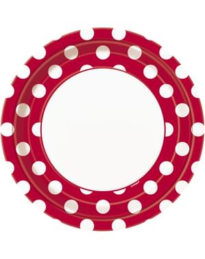8 røde tallerkner med hvide prikker (23 cm) - Basale Farver Linje