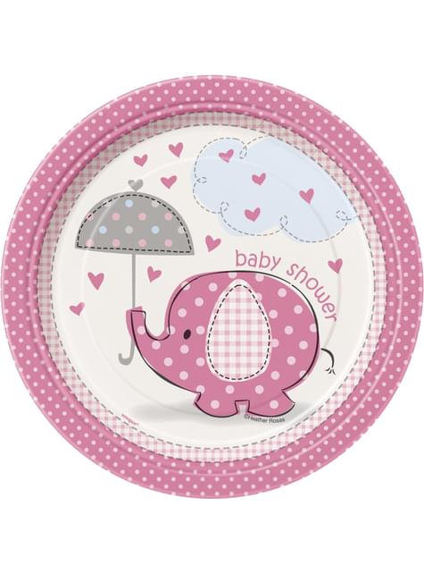 8 piatti rosa Baby Shower piccoli (18 cm) - Umbrellaphants Pink per feste  e compleanni