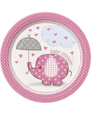8 Små Rosa “Baby Shower” Tallerkener (18 cm) - Paraplyer rosa