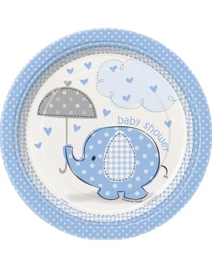 8 Small Blue “Baby Shower” Plates (18 cm) - Umbrellaphants Blue