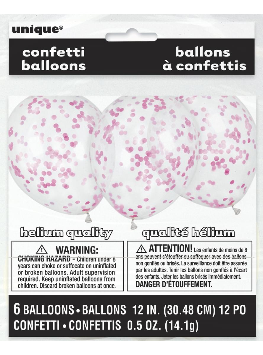 6 ballons avec confettis rose fuchsia (30 cm) - Gamme couleur unie