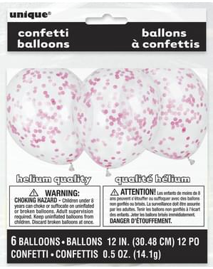 6 balões com confete rosa fúcsia (30 cm) - Linha Cores Básicas